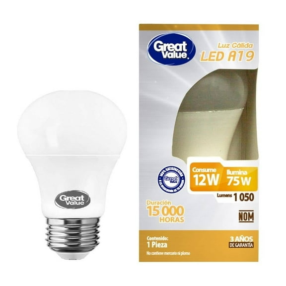 Foco LED Great Value A19 Luz Cálida 12 W