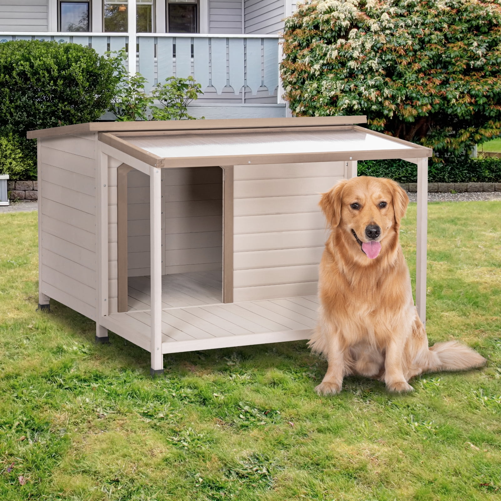 Petsfit Cabin Style Dog House with PVC/Asphalt Roof, Off-White