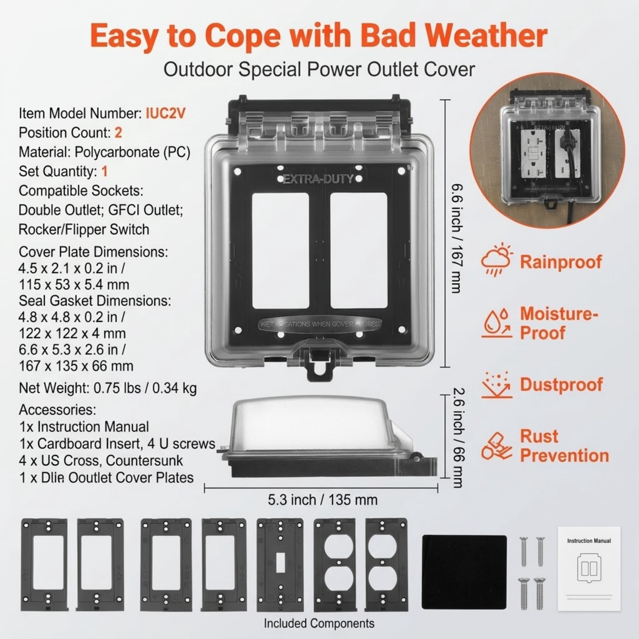 2-Gang Weatherproof Outdoor Outlet Cover, Lockable Electrical Receptacle Protector, 12-in-1 Configurations, Clear