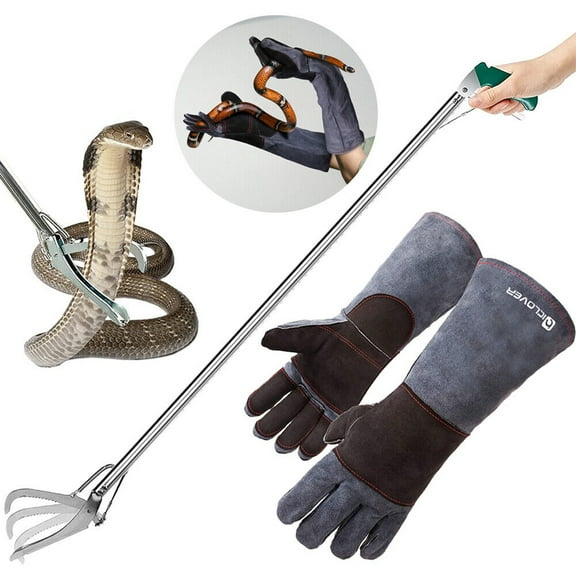 IC ICLOVER 47" Professional Snake Catcher 16in Animal Handling Gloves, Heavy Duty Reptile Grabber Tongs, Reinforced Leather Bite Proof Gloves