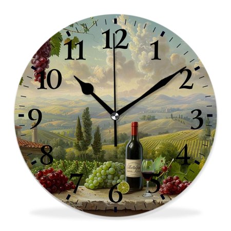 10 Inch Wall Clock Battery Operated Silent Clock Decorative for Office, Kitchen, Outdoor, Living Room，Wine Italy Landscape Rural Vineyard Beautiful