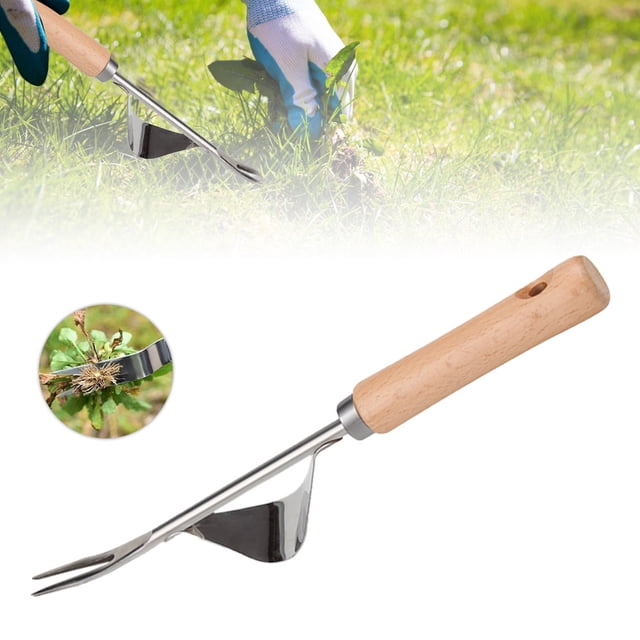 Herramienta de jardinería: Desmalezador de acero inoxidable con mango de madera, ideal para eliminar malezas en jardines pequeños y césped, resistente y fácil de usar.