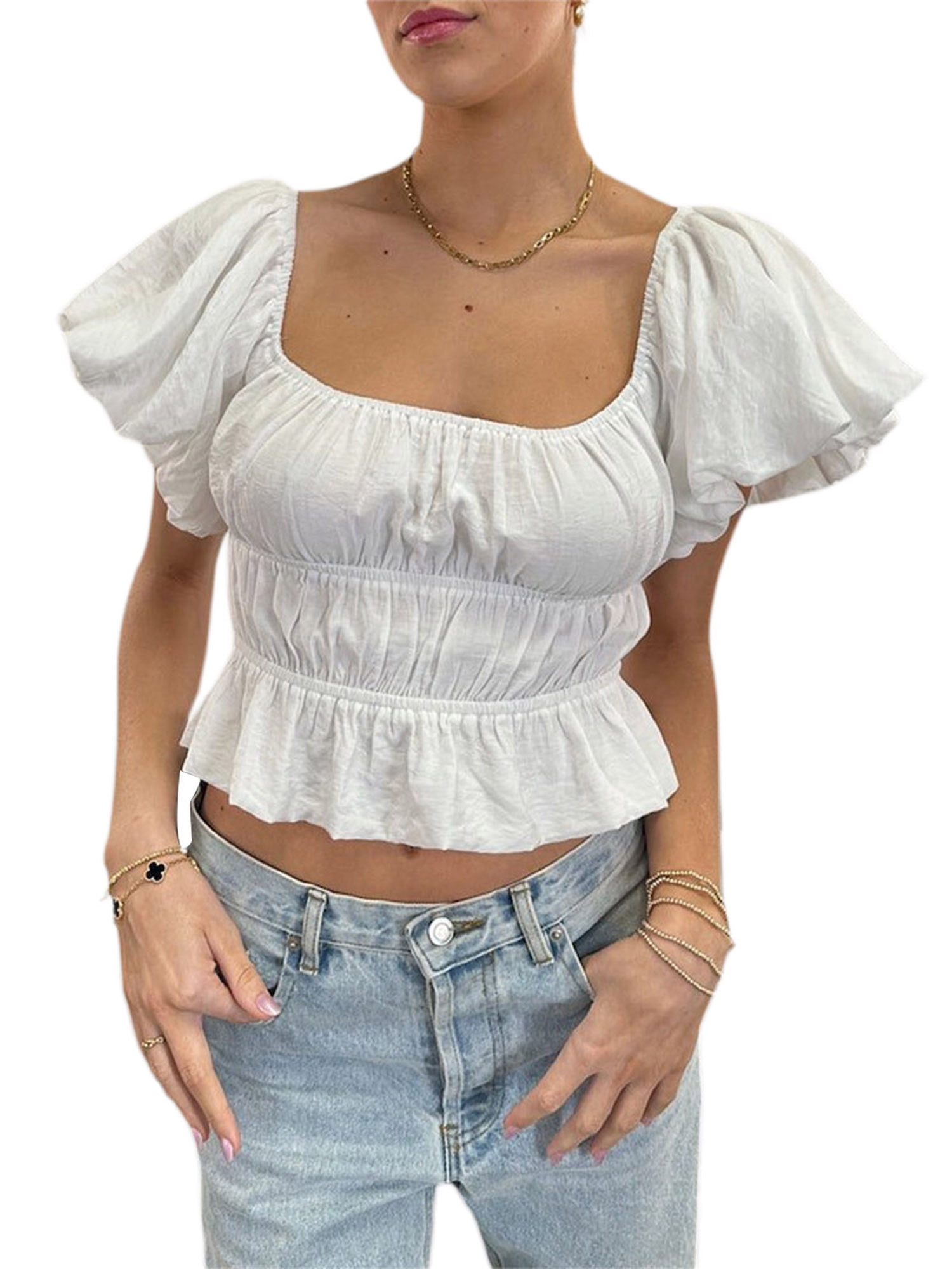 【AAKE】PUFF SHIRRING CROP JK allshope Womens Shirred Puff Short Sleeve Tops,Summer Square