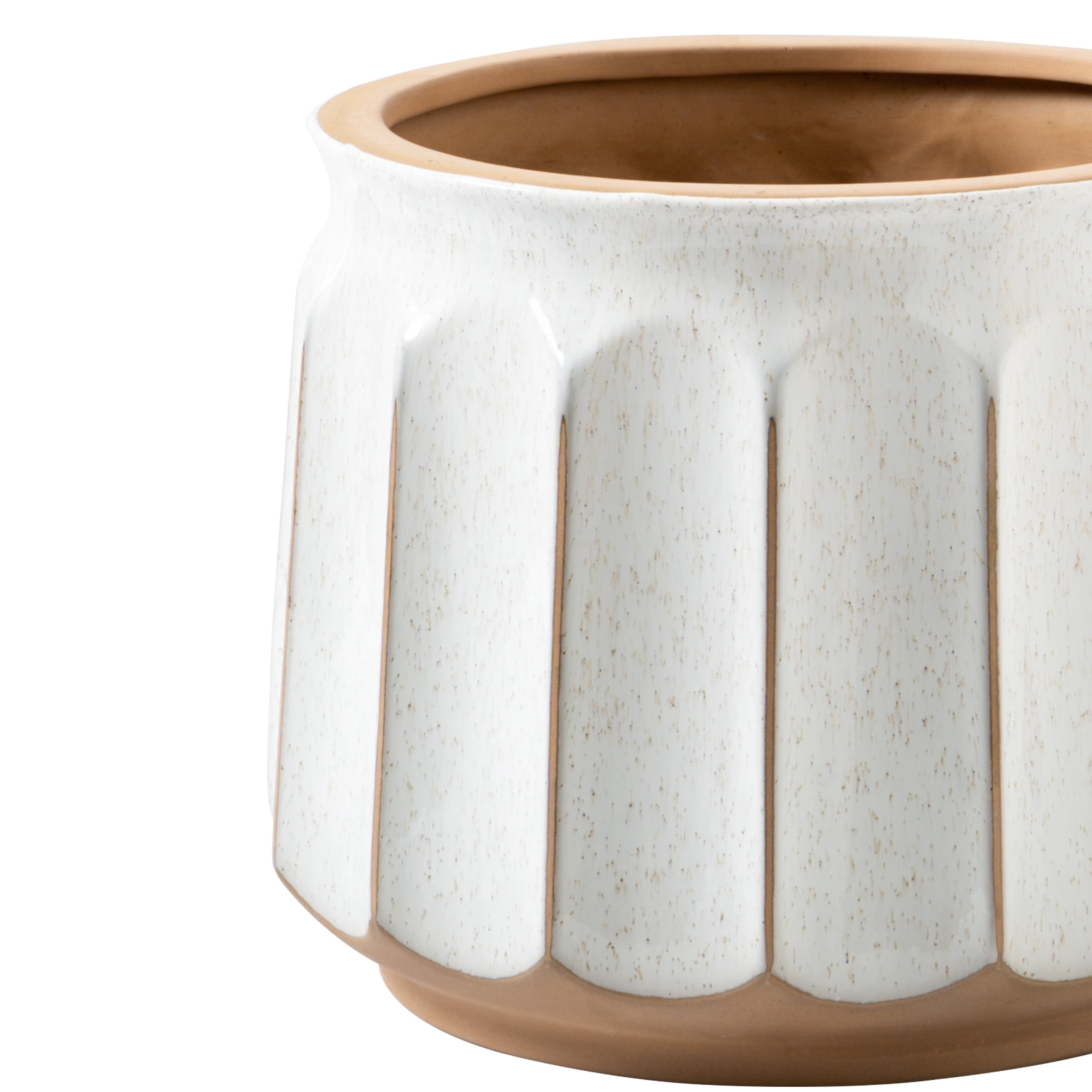 Better Homes & Gardens 14" x 14" x 11" Round White and Brown Ceramic Striped Seasons Gloworm Plant Planter with Drainage Hole
