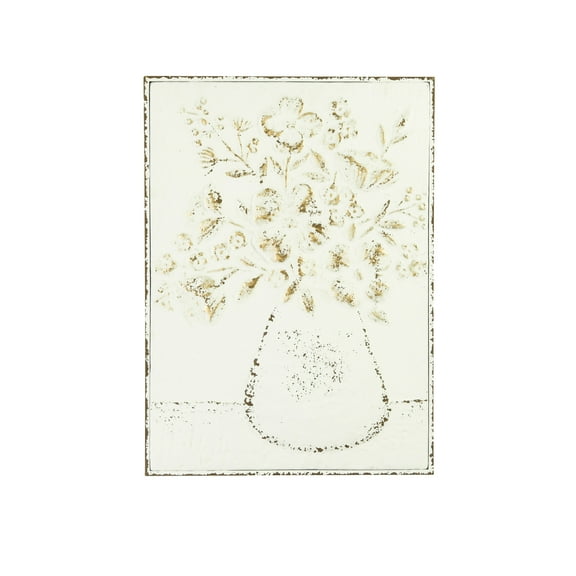 Creative Co-Op Embossed Metal Wall Art with Flowers in Vase, Distressed White