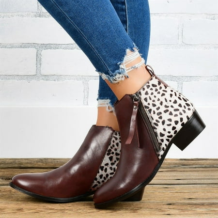 

FZM Women shoes Women Leopard Zipper Heels Print Toe Short Round Shoes Booties Non Slip Women s Boots