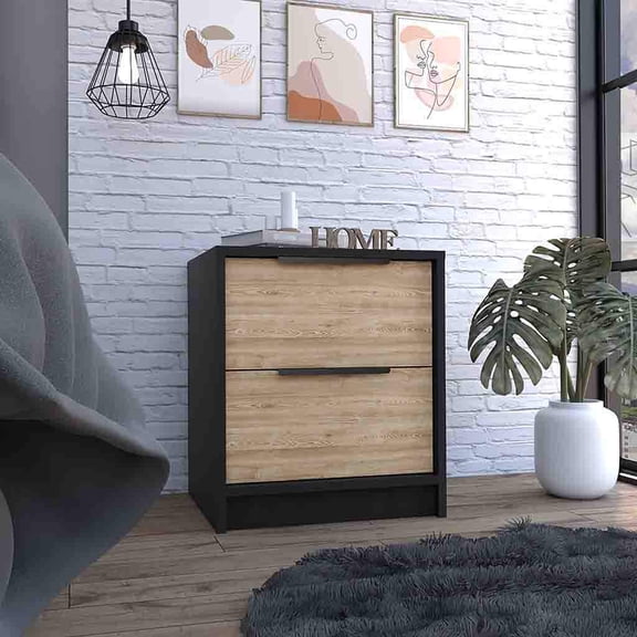 Wooden Nightstands Modern Nightstand 19" H, Two Drawers, Black / Pine,Bedside Nightstands