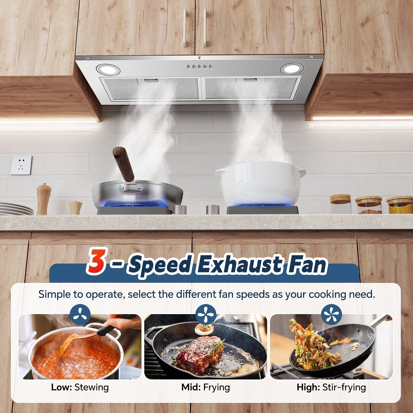 30 inch Built in Range Hood Stainless Steel 600 CFM Integrated Rangehood Cooking Vented
