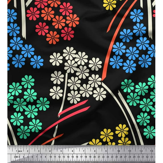 Soimoi Black Cotton Duck Fabric Artistic Floral Printed Fabric 1 Yard 42 Inch Wide