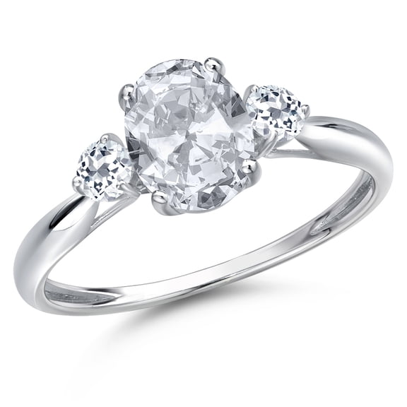 Gem Stone King 10K White Gold White Topaz 3-Stone Ring for Women | 1.78 Cttw | Oval 8X6MM | Gemstone November Birthstone | Size 8