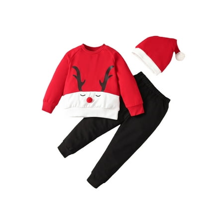 

Bagilaanoe 3Pcs Little Girl Boy Christmas Outfits Reindeer Print Long Sleeve Pullover Tops + Trousers + Santa Hat 4T 5T 6T 7T Kids Fall Long Pants Set