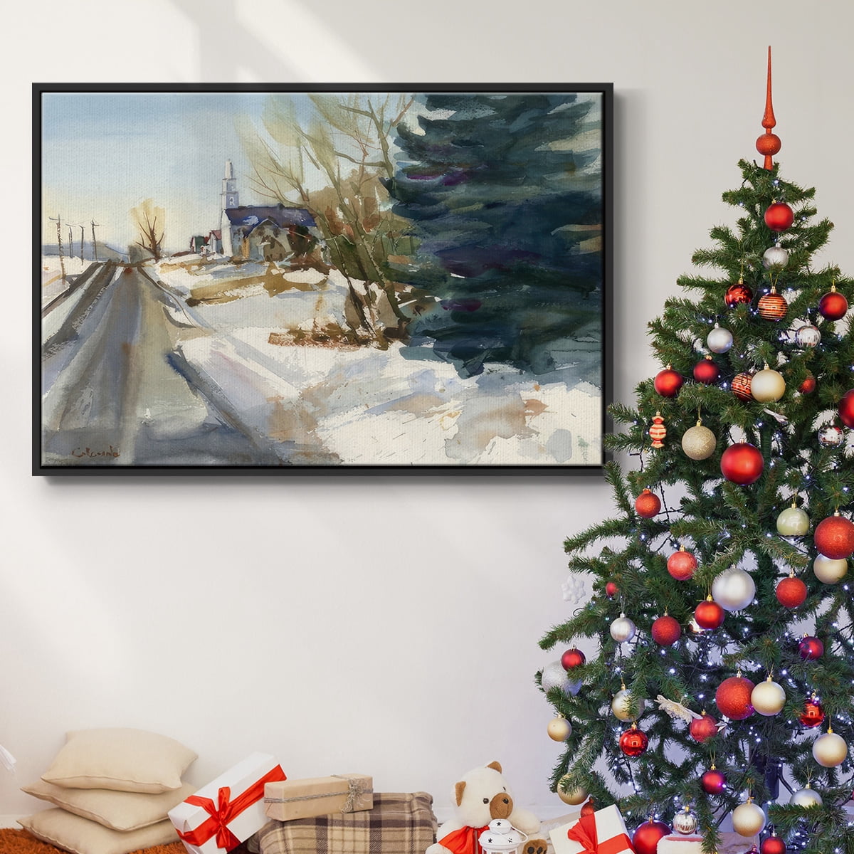 Congregational Church in Winter - Framed Gallery Wrapped Holiday Canvas - 27 x 41 - Black Frame