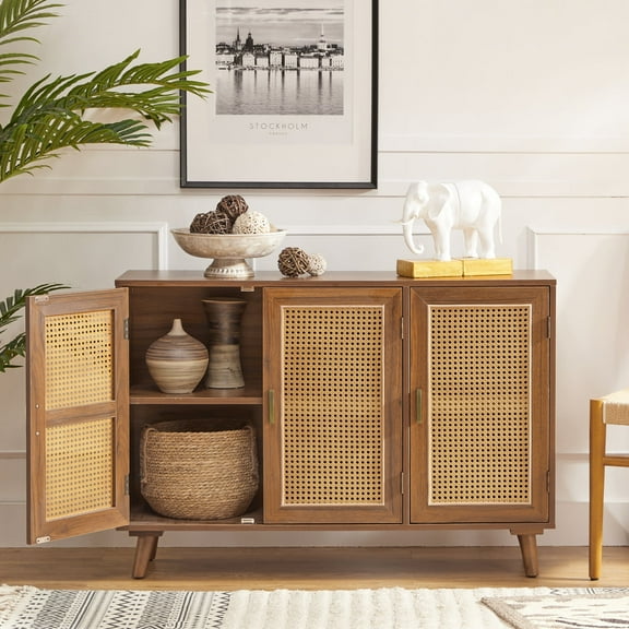 Boho Wooden 3-Door Sideboard Buffet with Rattan Doors Storage Cabinet Walnut