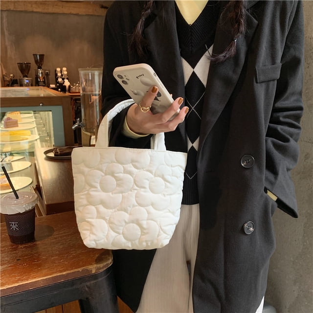 Flower Pattern Tote Bag Women Polyester Cute Elegant Handbag for Lunch Box Feeding Bottle Snack White