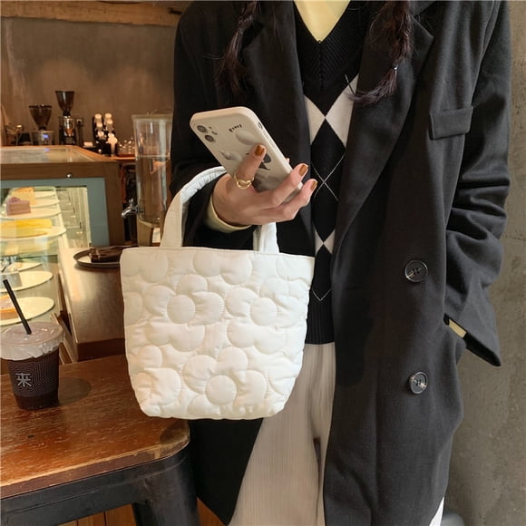 Flower Pattern Tote Bag Women Polyester Cute Elegant Handbag for Lunch Box Feeding Bottle Snack White