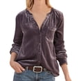 thumbnail image 2 of Spring Tops for Women Homenesgenics Clothes under $5.00 Women Cozy Retro Long Sleeve V-Neck Velvet Solid Buttons Pokets Loose Shirts Top/Purple S, 2 of 5