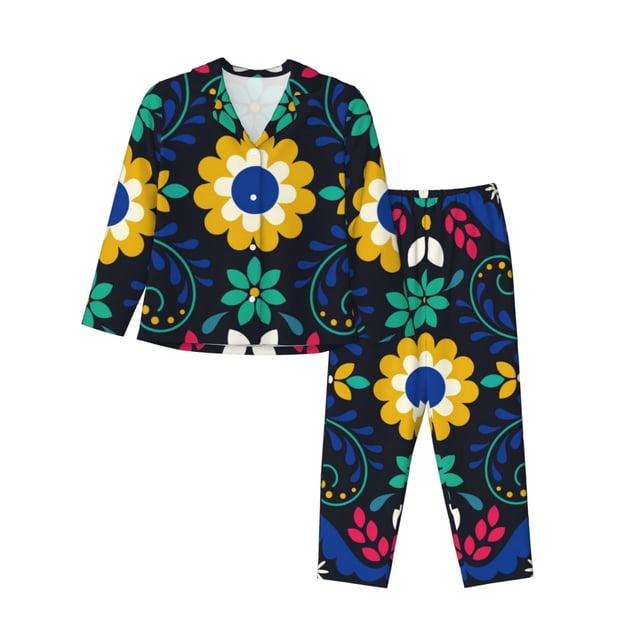 Balery Colorful Mexican Flower Conjunto de Pijama con Estampado para Mujer, Conjunto de Dos Piezas con Manga Larga, Ropa de Dormir Suave con Bolsillos, Pijamas Cómodos-Medium