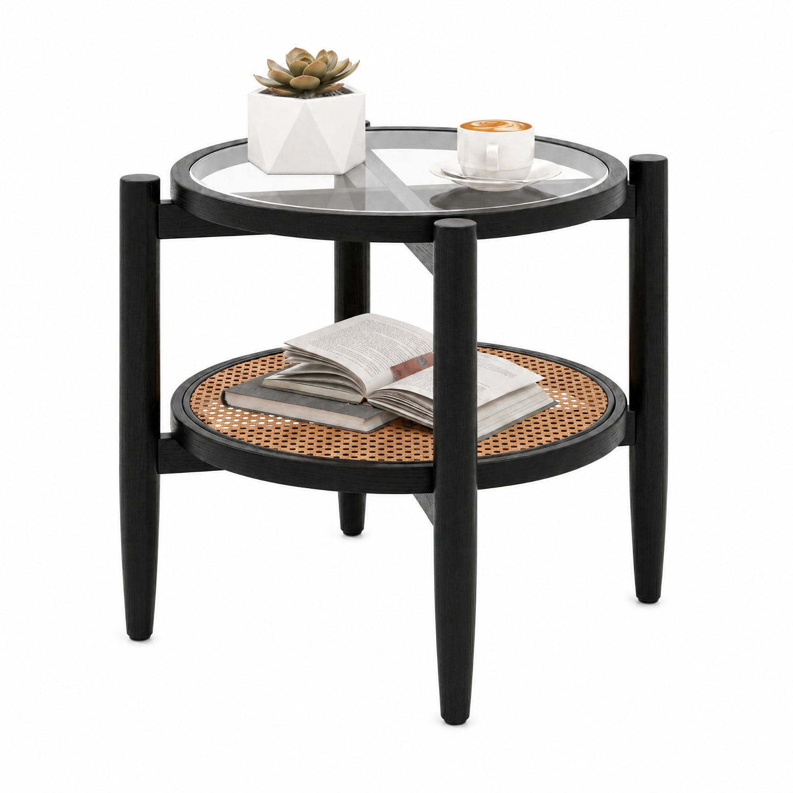 Furnibear Rattan Round Side End Table with Tempered Glass Tabletop and 2 Tier Acacia Wood Legs for Living Room Bedroom and Sofa Side, Black