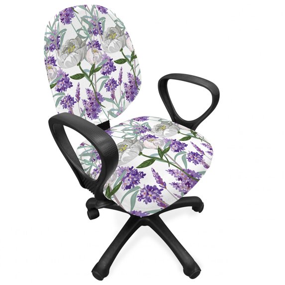 Botanical Office Chair Slipcover, Lavender and Peony Field Thriving Nature Efflorescence Freshness Garden Growth, Protective Stretch Decorative Fabric Cover, Standard Size, Multicolor, by Ambesonne