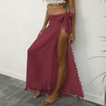 thumbnail image 3 of Lu's Chic Women's Sexy Wrap Skirt Cover Up Linen Beachwear Beach Fringe Polyester Fitted High Slit Light Beach Skirt Red Small-X-Large, 3 of 4