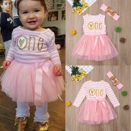 

2pc Infant Baby Girl One Birthday Romper Ruffles Cute Tulle Striped Dress Outfits