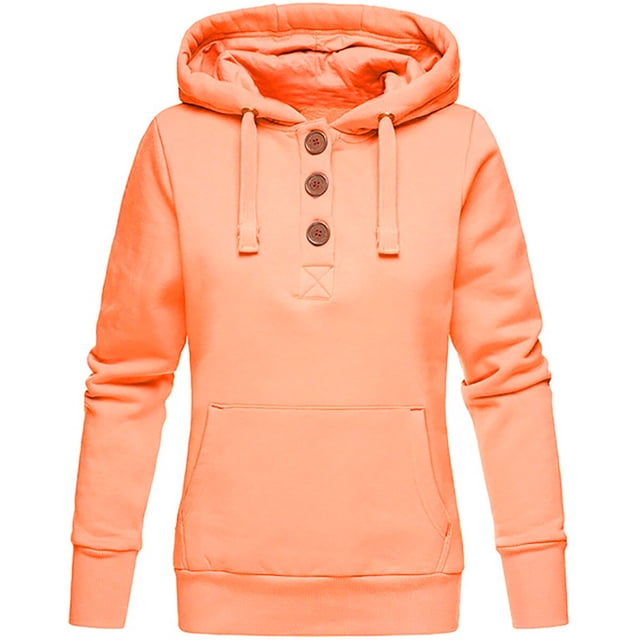 Pompotops Femmes Solide Bouton à Capuche Manches Longues Pull Tops Chemise