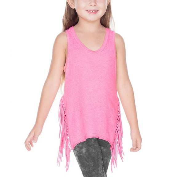 Girls 7-16 Sheer Jersey Asymmetrical Side Fringe Tank Pink Flash L
