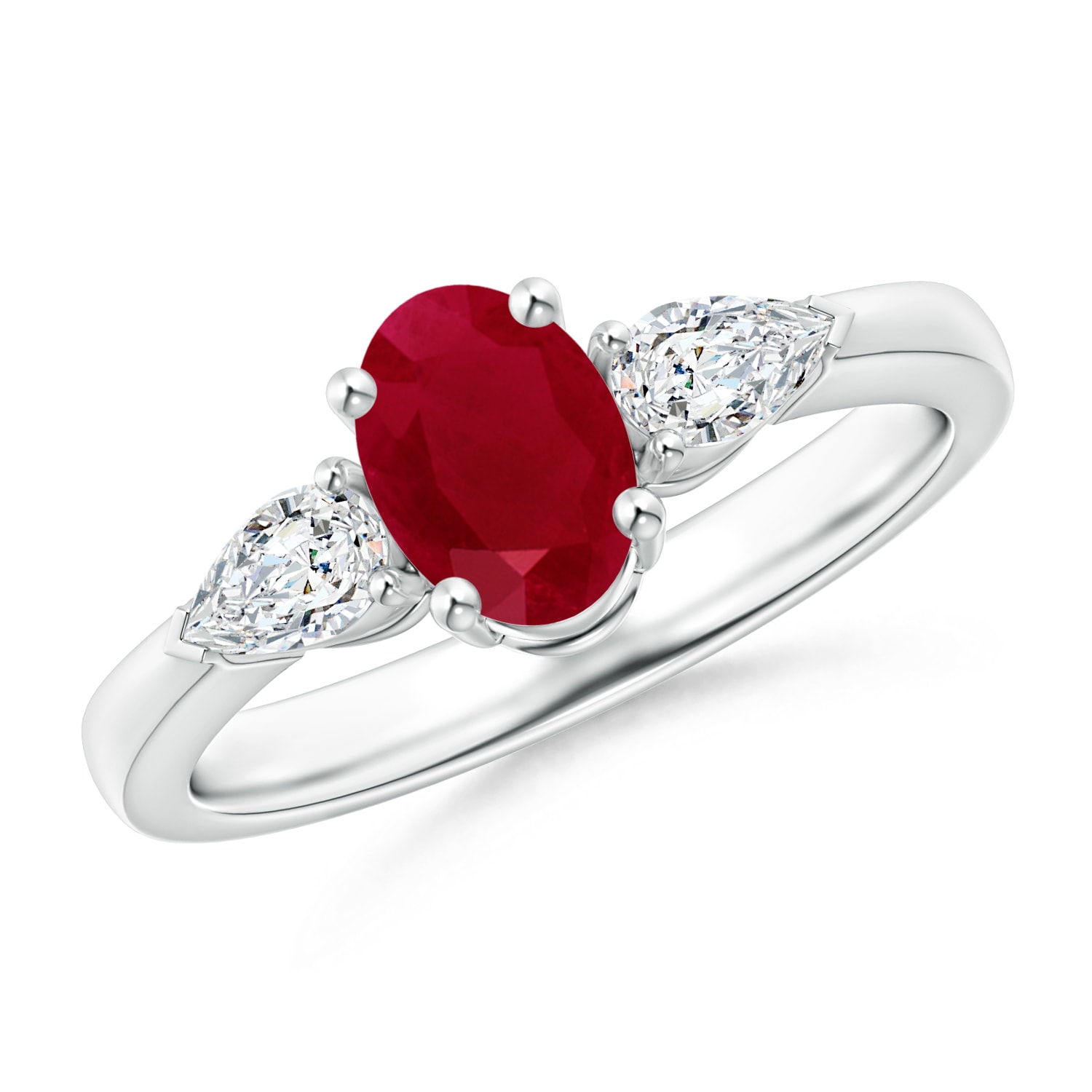 Angara July Birthstone Ring Oval Ruby Three Stone Ring with Pear Diamonds in 14K White Gold