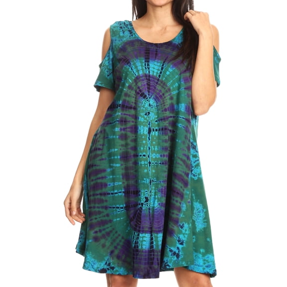 Sakkas Sienna Women's Knit Cold Shoulder Short Sleeve Flared Shift Short Dress - Green - One Size