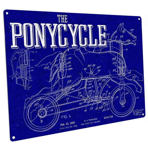 Blueprint Ponycycle Patent Illustration 9"x12" Metal Sign, Wall Decor for Mancave, Den, or Gameroom