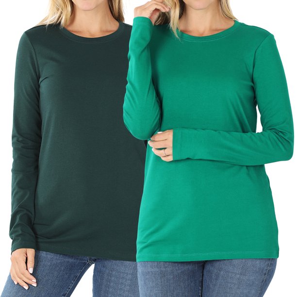 Women & Plus Basic Crew Neck Long Sleeve Stretch Cotton Spandex T- Shirts (2PK: Hunter Green/Forest Green,