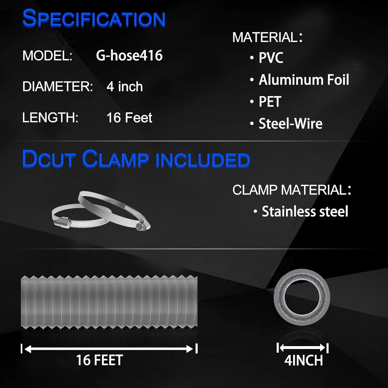 MKEUDQ-4 Inch 16FT Dryer Vent Hose,Flexible Insulated Air Ducting,Vent Hose PVC Aluminum Foil with 2 Clamps for HVAC Ventilation(Grey)