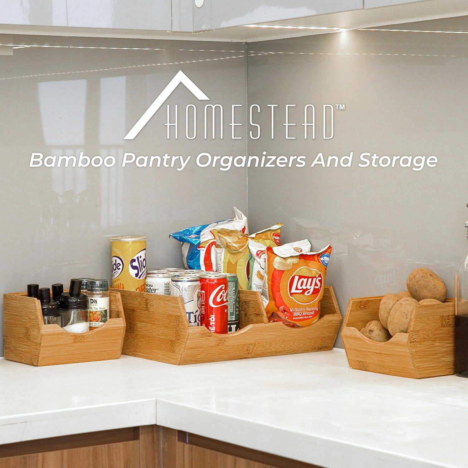 Homestead Bamboo Pantry Storage Bins, Set of 3 – Stackable Open Front Potato and Onion Storage Bins, Wooden Pantry Organizer Baskets for Kitchen, Fruit Vegetable Bin