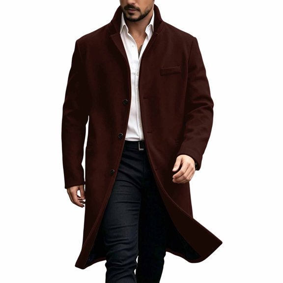 Men Long Overcoat Lapel Collar Button Front Oversized Jacket with Pocket,Warm Windproof Fall Winter Daily Casual Comfy Wear,Red,XL