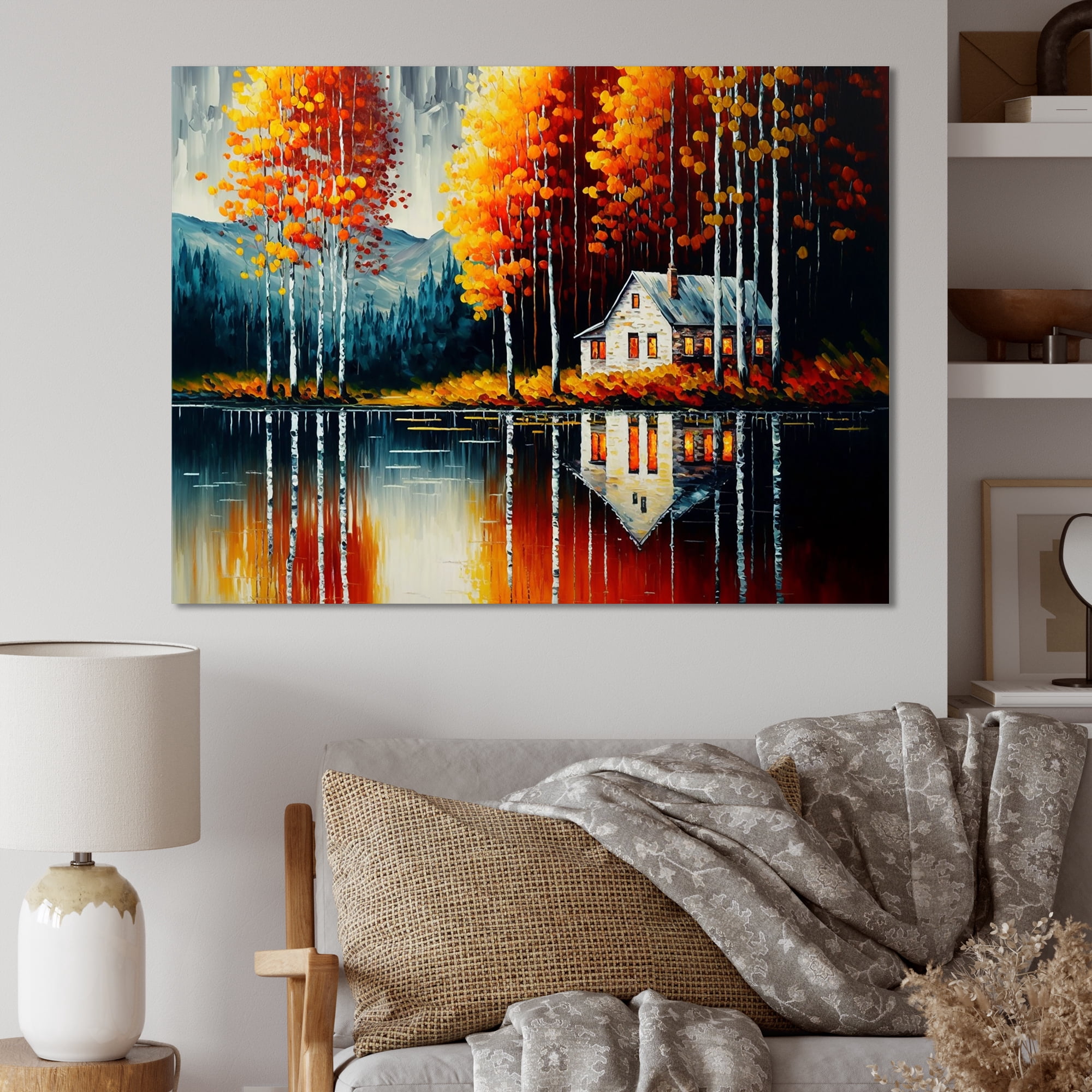 Designart Red And Orange Lake House With Birch Trees Canvas Wall Art