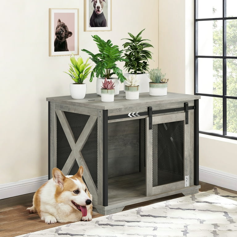 Sapphome Dog Crate Furniture Large Breed TV Stand with 2 Sliding Doors,Grey