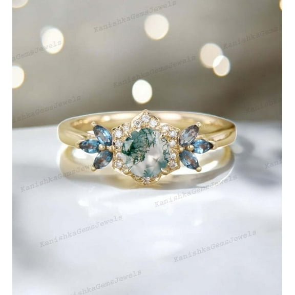 KANISHKAGEMS&JEWELS 2 Ct 6mm /Round Shape Moss Agate Ring Alexandrite Bridal Wedding Cluster Ring CZ Diamond Halo Gift Ring