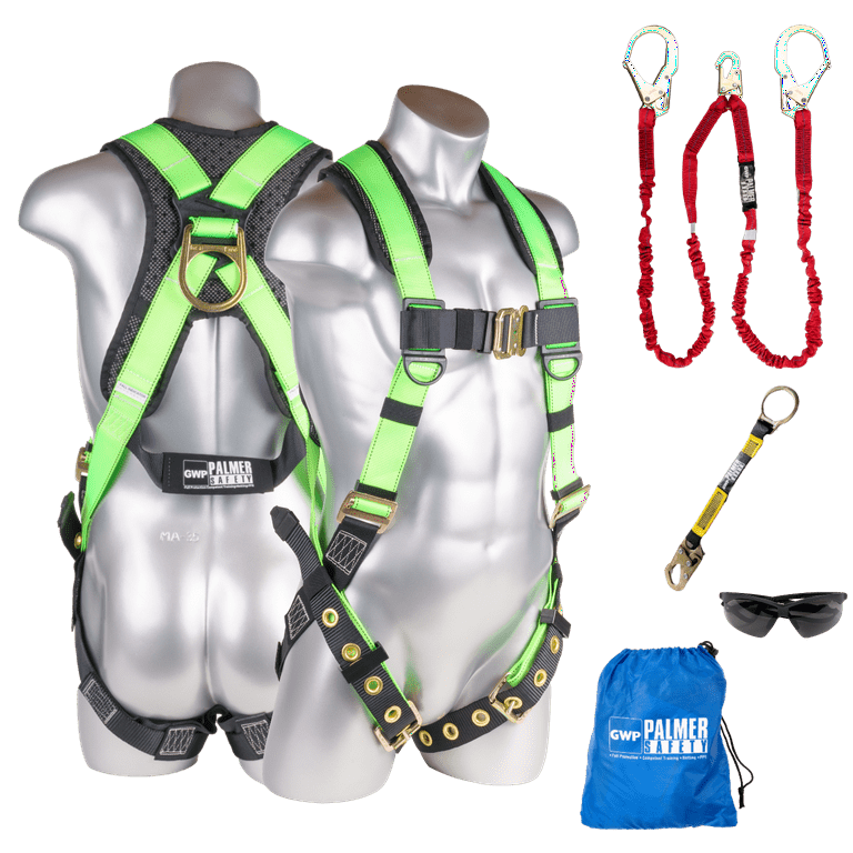 Palmer Safety Fall Protection Safety Harness Kit I 5pt Full Body, 6' Double  Lanyard, 18 D-Ring Extender I Dorsal D-ring I OSHA ANSI Compliant Personal  Equipment (Hi Vis Green - Universal) 