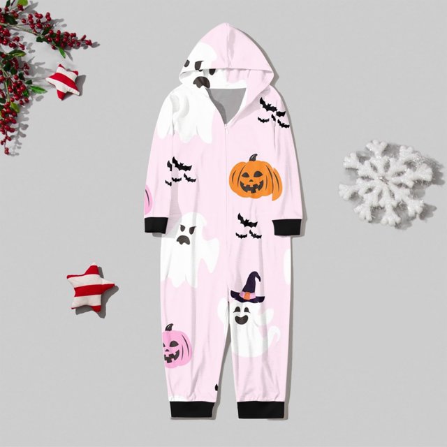 Family Halloween Pjs Matching Sets Halloween Print Long Sleeve Zippered One Piece Pajama Hooded Jumpsuit Winter Halloween Pjs Family Set