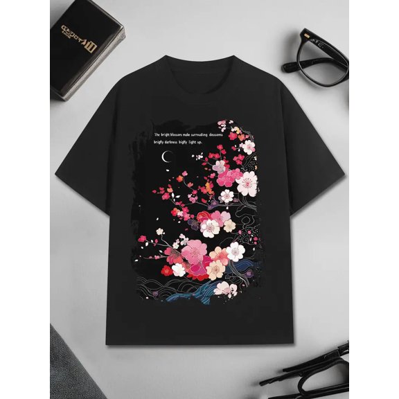 Sakura Blossom Design Men'S Cotton T-Shirt Japanese Graphic Printed 100% Cotton Tee 220g Round Neck Short Sleeve