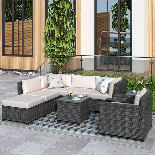 Petekar 3 piece rattan sectional seating group with cushions sale