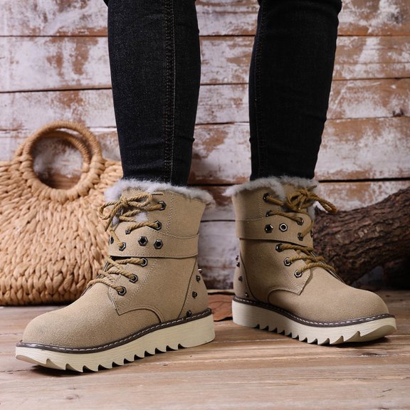 Fnooota Womens Cozy Boots, Warm Lace up Hiking Non-slip Winter Snow Boots Khaki Size 9