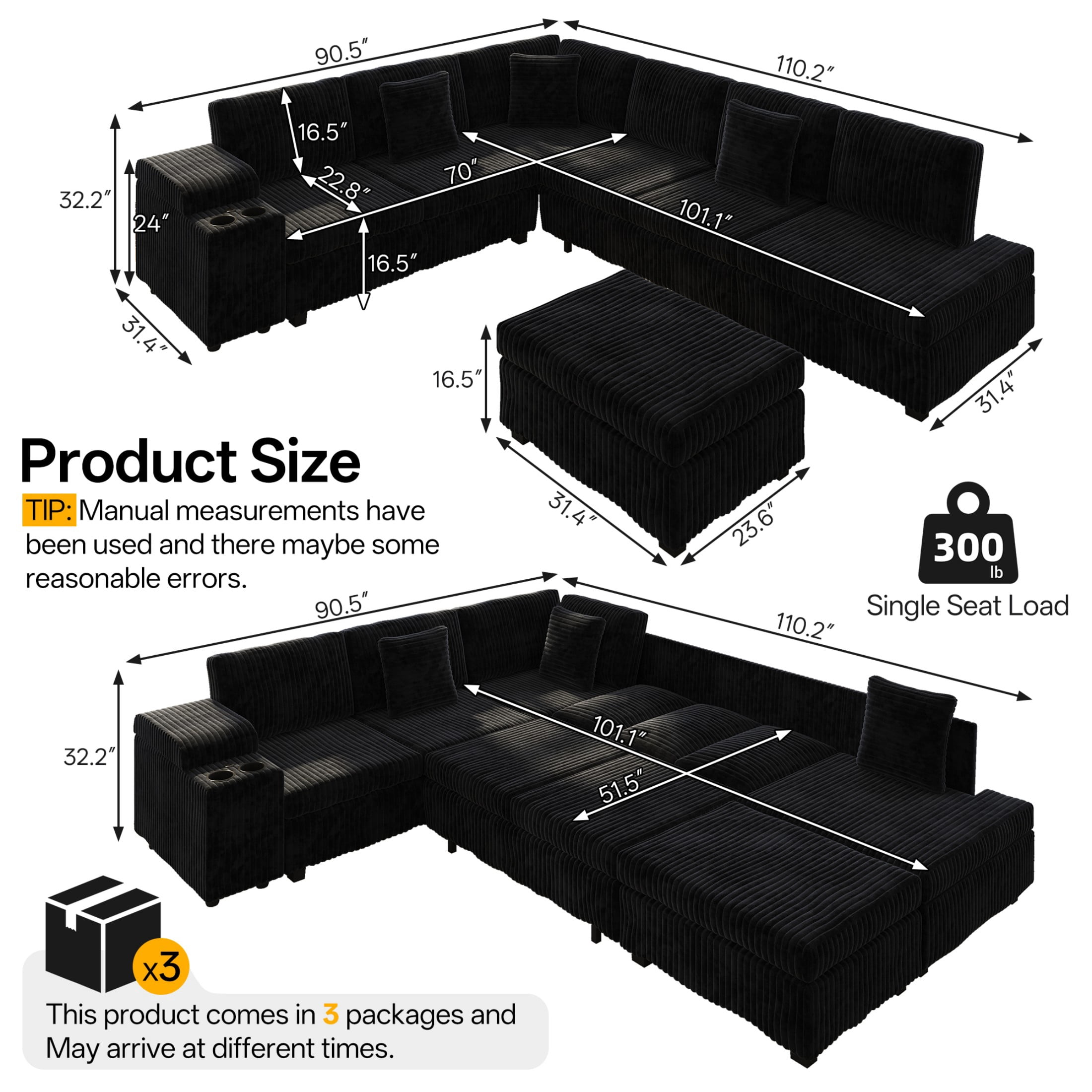 LLappuil 110" Sectional Sofa, Modular Sectional Couch Convertible Sofa Bed, 7 Seat Corduroy Sofa Couch with Movable Ottoman, Hidden Armrest Storage & USB Charging Ports Black