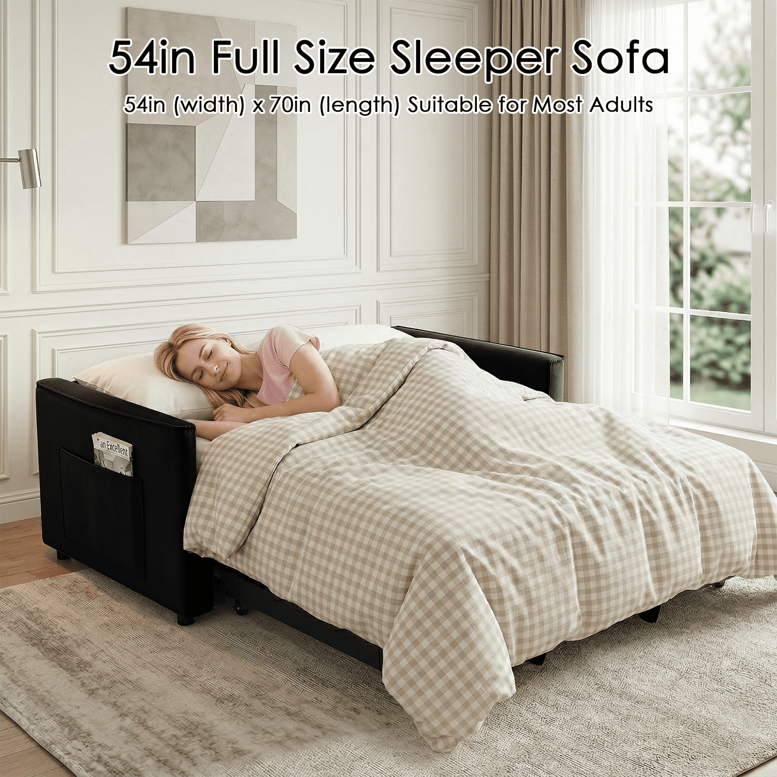 Amuille 3 in 1 Convertible Sleeper Sofa Bed, 54" Velvet Fabric Loveseat, Pull Out Couch for Living Room and Apartment (Black)