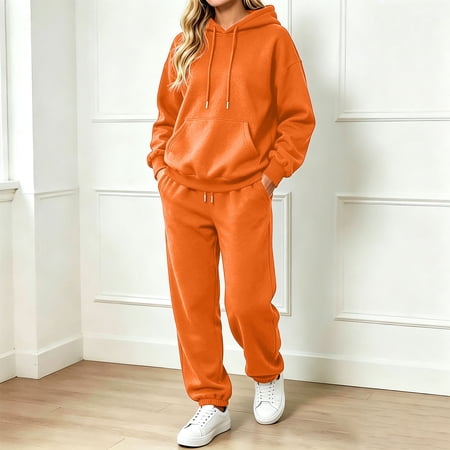 Huowey Sweatsuits Women 2 Piece Outfit Fall Loungewear Set Hoodie And Joggers Pants 2 Piece Set Long Sleeve Soft Airport Tracksuit Orange S