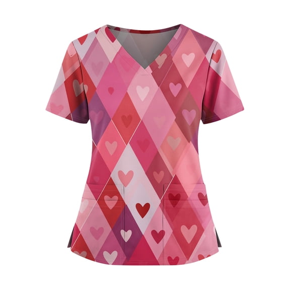 Valentine Day Scrub Tops for Woman Short Sleeve Nursing V Neck Quick Dry Scrubs Love Heart Print Plus Size Medical Scrub Tops with Pockets Pink L