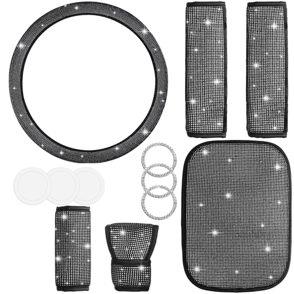 Bling Crystal Diamond Steering Wheel Cover, 9Pcs Shiny Rhinestone Sparkling Car Interior Decorations, Car Accessories for Women Girls, Universal Fit 14-15inch