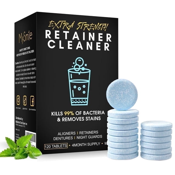 MySmile 120 Retainer Cleanser Tablets Invisalign Cleaner, Removes Odors Discoloration Stains and Plaque, Denture Cleansers Retainers Mouth Guards Denture Bath, Mint
