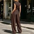 thumbnail image 7 of Women's Sleeveless Jumpsuit, Turndown Collar V-Neck With Pockets, Fashion One-Piece Pants For Office & Casual Outings Coffee M, 7 of 7