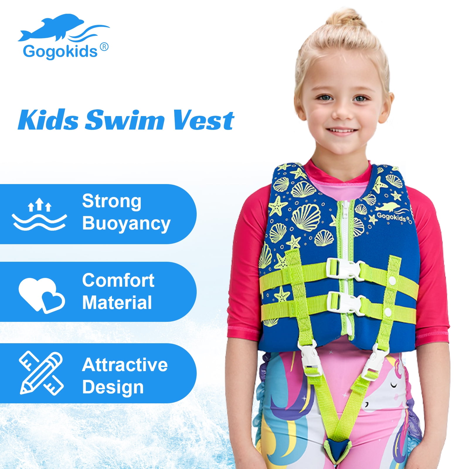 Gogokids Kids Swim Vest Life Jacket-Toddler Float Buoyancy Swimsuit Trainer Vests Swim Aid Jacket for Age 1-9 Years, Blue